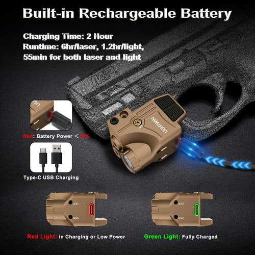 Blue Purple Laser Beams with 800 Lumens Flashlight for Pistols, 3 in1 Laser Light Combo, Tactical USB Rechargeable Laser Sight, Strobe & Steady Flashlight for Picatinny Rail