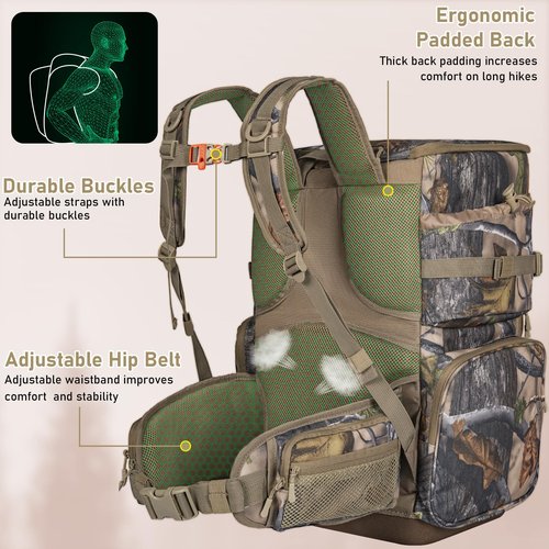OUUTMEE Hunting Backpack with Waterproof Rain Cover, Self Standing Hard Bottom, 50L Camo Hunting Day Pack for Bow Rifle Gun