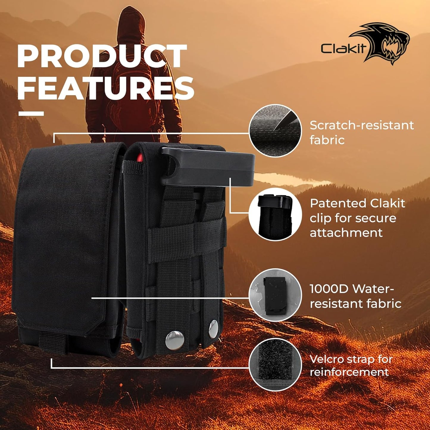 Phone Holster with Clip - Hook Loop Nylon Cellphone Holster Compact Pouch, Backpack Shoulder Strap Accessory Pouch - Multifunctional Black StrapPack Pouches for Hikers, Travelers & Commuters