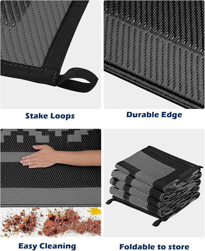 Kohree RV Outdoor Rug 9x12 Reversible, Waterproof Patio Mat with 4 Stakes & UV Fade Resistant, Non-Slip Outdoor Camping Mat for Deck, Picnic, Backyard, Includes Carry Bag (Black & Gray)