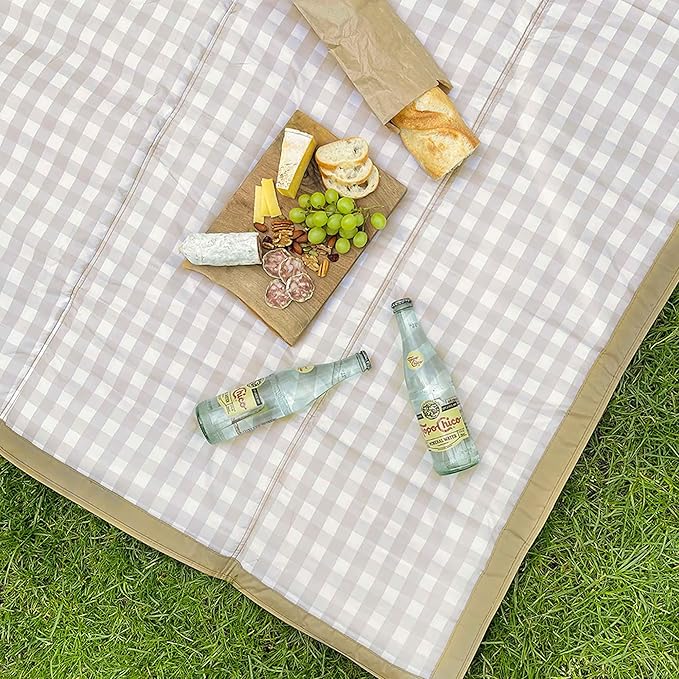 Little Unicorn 5'x5' Outdoor Family Picnic & Beach Blanket | Durable & Water-Resistant Fabric | Compact Fold & Easily Wipes Clean | Zipper Pocket (Beige Buffalo Check)