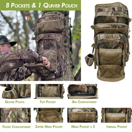 Wild Cedar Bow Hunting Backpack for Men, Saddle Camo backpack with Bow Holder, Compound Bow Hunting Bag for Deer and Elk Hunting