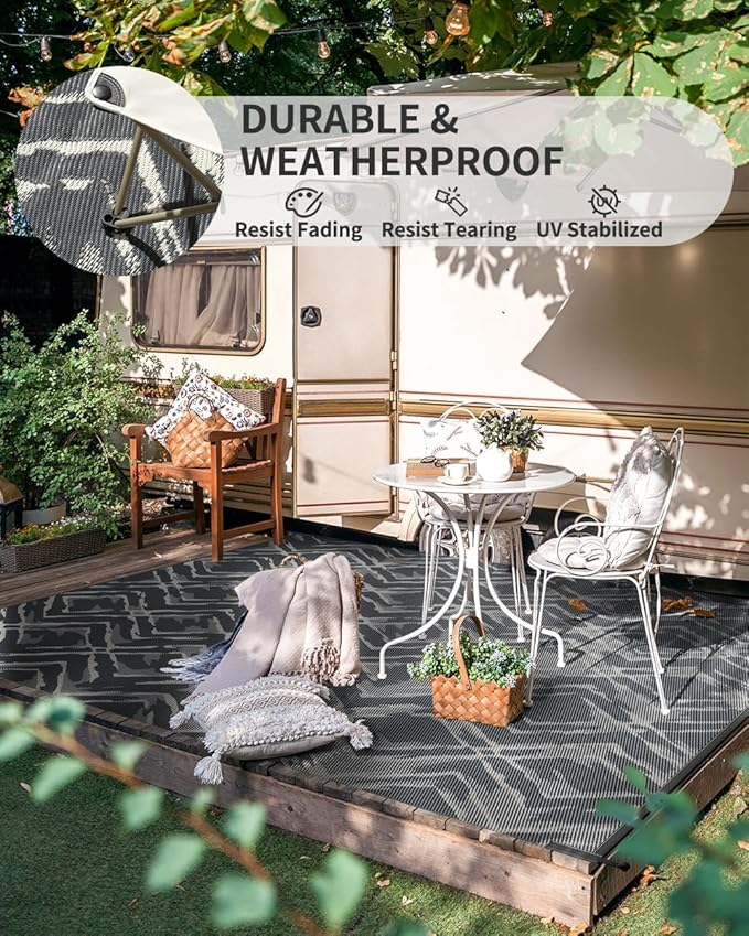 MontVoo Outdoor Rug Waterproof-Patio Rug Mat 9x12 Outdoor Carpet Reversible RV Camping Picnic Plastic Straw Rug Outside Outdoor Area Rug for Balcony Deck Backyard Patio Decor Modern Abstract