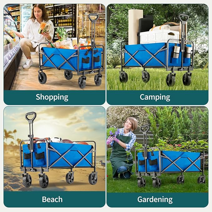 Collapsible Wagon Cart Foldable, 30" L Folding Beach Wagon with All-Terrain Wheels, Shopping Cart with 250lbs Capacity, Portable Camping Wagons Carts for Grocery Garden and Sports, Blue