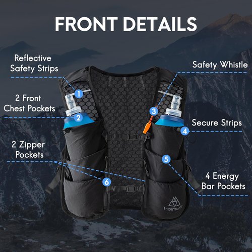 Haimont Running Hydration Vest with 2 TPU Soft Flasks, 5L Lightweight Runner Vest Pack for Women Men, Trail Running, M, Black