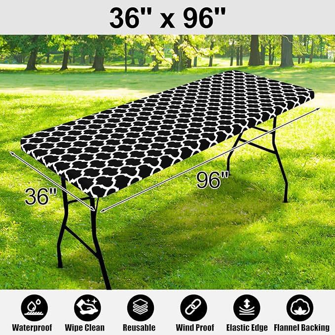 Smiry Rectangle Picnic Table Cover, Waterproof Elastic Fitted Camping Tablecloths for 8 Foot Tables, Wipeable Flannel Backed Vinyl Tablecloth Protector for Indoor, Outdoor (Black, 36x96 Inches)