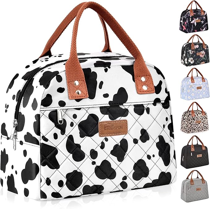 HOMESPON Insulated Lunch Bag for Women Men Adults Lunch Tote with Front Pocket Lunch Box Container Cooler Bag for Work Picnic (Cow Print)