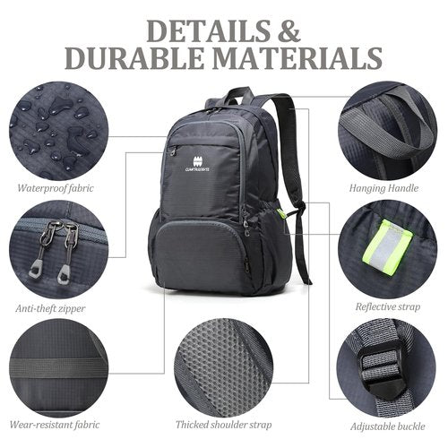 CLANTRILOBITE Lightweight Packable Travel Backpack, 30L Grey Daypack Hiking Backpack for Women Men, Waterproof and Foldable, Travel Backpack Carry on Flight Approved