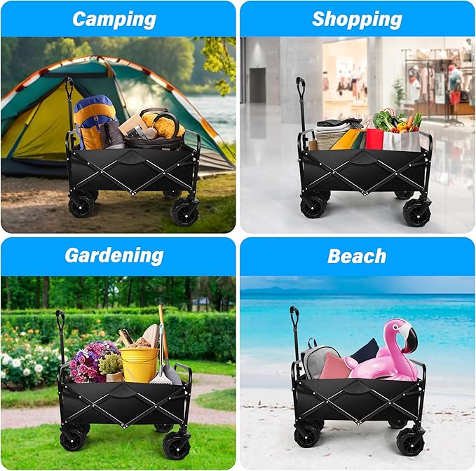 YSSOA Collapsible Folding Wagon Cart, Beach Wagon for Sand with Big Wheels, Heavy Duty Foldable Utility Wagon, Portable Garden Cart with Adjustable Handle, Foldable Grocery Wagon for Camping Sports