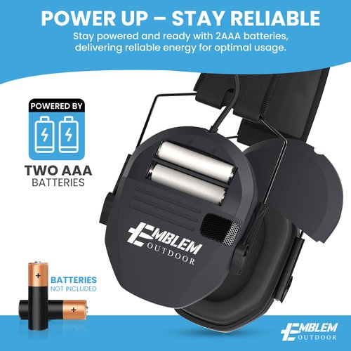 Emblem Outdoor Shield Pro Electronic Shooting Ear Protection for Gun Range | NRR 23dB | 4X Sound Amplification. Adult and Kid Hearing Protection Earmuffs for Noise Cancellation - Black