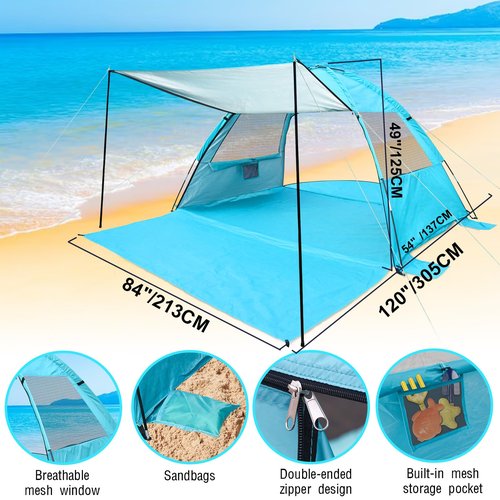 DLUCKY Beach Tent for 1-2-3 Person,Anti-UV Portable Sun Shade Shelter UPF 50+,Both Sides Extendable Floor, Extendable Awning Iron Rod Support,with 2 Ventilating Mesh Windows, Lightweight & Easy Setup