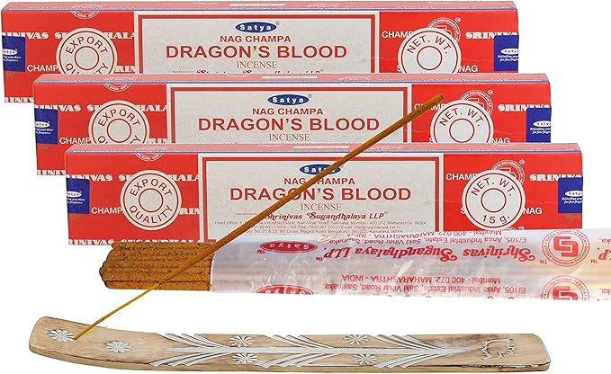 Satya Dragon Blood Incense Sticks, Satya sai Baba Insenses 15gmx3 (45 gm) Pack with Raajsee Incense Holder Bundle, Satya Nag Champa Natural Incense