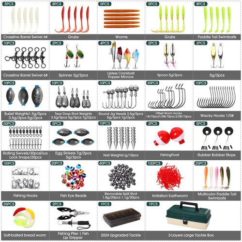 RoundFunny 517 Pcs Large 3 Layers Tackle Box with Tackle Fishing Lures Kit Included Pliers, Fish Lip Gripper, Crankbait, Hooks, Other Accessories Fishing Bait Gear Kit for Men(Dark Green Milky White)