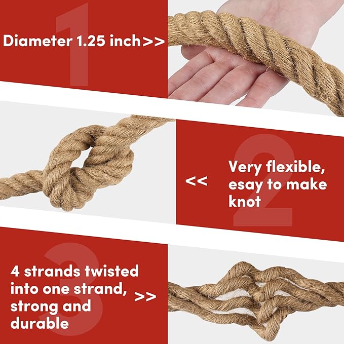Twisted Manila Rope 1-1/4 in x 100 feet Natural Hemp Rope for Docks Railing Nautical Landscaping Crafts Tug of War Marine Tie-Downs Hammock Home Decorating
