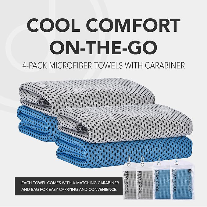Microfiber Cooling Towels for Neck and Face - 4 Pack 40x12” Mesh Quick Dry Gym Towels for Working Out with Waterproof Bag and Carabiner - Sweat Rag for Gym, Sports, Outdoor Activities