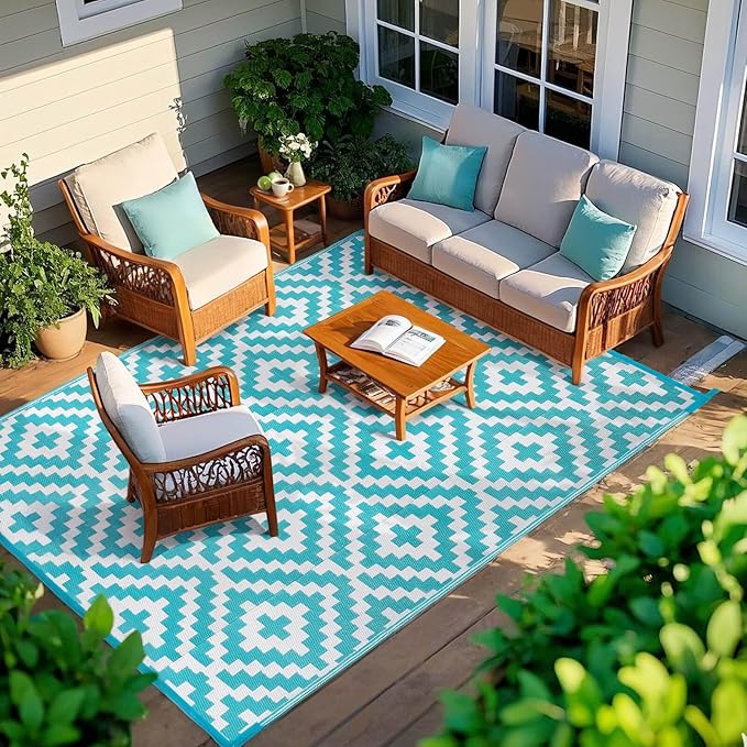 Outdoor Patio Plastic Straw Rug - 5'x8' Outdoor Camping Rug Waterproof Reversible, Area Carpet Patios Clearance RV, Outside Porch Balcony Deck for Camper, Blue & White