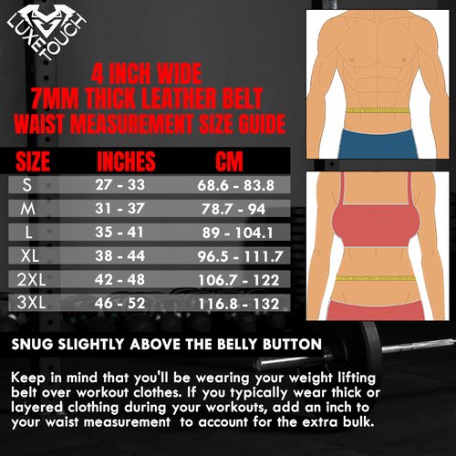 LUXE-TOUCH 7mm Thickened Genuine Leather 4" Wide Heavy Duty Weightlifting, Bodybuilding, Cross Training Belt for Gym, Work out & Weight Training for Mens & Womens. Adjustable Belt for Gym. Lumbar Support, (Black 7mm Thick Leather, XX-Large (42" - 48"))
