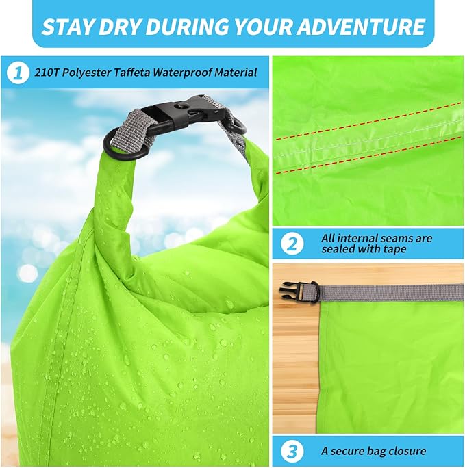 Dry Bag Set, Waterproof Small Lightweight Dry Bags for Paddle Board Kayaking, Fishing, Camping (Green, 2L+5L+10L)