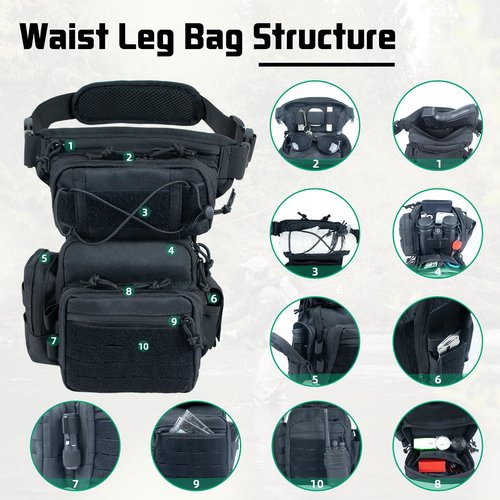 RooPoke Drop Leg Bag For Men Women Military Tactical Leg Pouch Motorcycle Scratch-resistant Tool Work Thigh Pouch Outdoor Activities Molle Pack For Metal Detecting Fishing Leg Bags