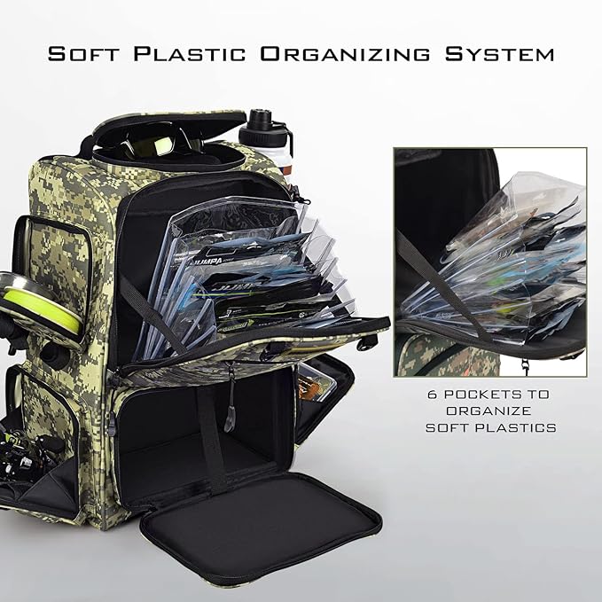 KastKing Bait Boss Fishing Tackle Backpack with Rod Holders-4 Tackle Boxes-Rain Cover,43L Large Storage for Fishing Gear