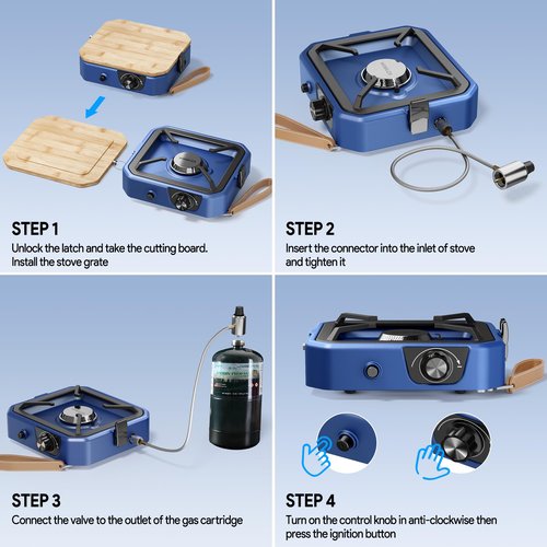 Upgraded Separate Ignition Needle WINKIZA Camping Stove with Cutting Board, Portable Propane Camp Stove with 8,000 BTU, Adjustable Burner with Piezo Ignition, Portable Gas Stove for Camping, BBQ