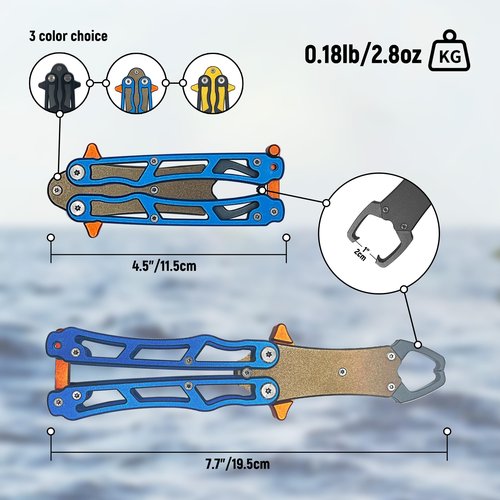 UEDGER Fish Lip Gripper Tools - Foldable Fishing Grabber Tool, Portable Lightweight Aluminium Alloy Fishing Grips Pliers Hook Remover Accessories Gift for Men(Blue-Brown)