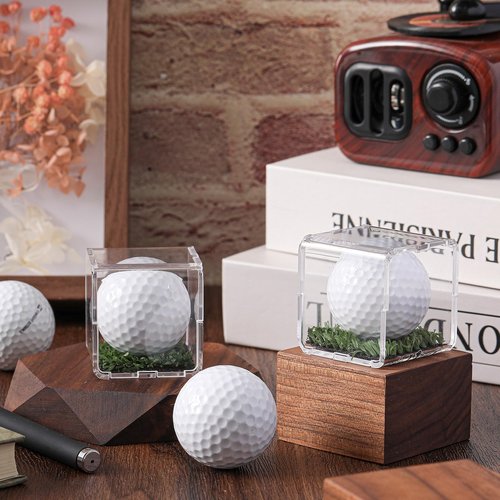 Tioncy 2 Pcs UV Protected Golf Ball Holder Display Case with Turf 2x2 x2 Inch Clear Acrylic Golf Ball Hole in one Stand Display Case Storage Box for Memorabilia Autograph Souvenir Collection