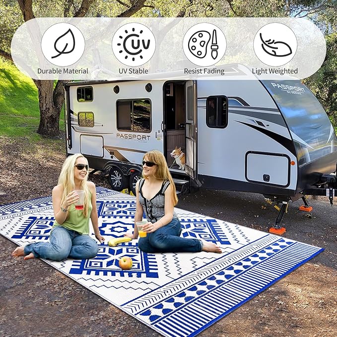 Waterproof Outdoor Rug 6x9ft, Boho Reversible Plastic Straw Mat for Patio RV Deck Porch Backyard Balcony Camping Picnic Beach Indoor Outdoor Carpet, Blue&White
