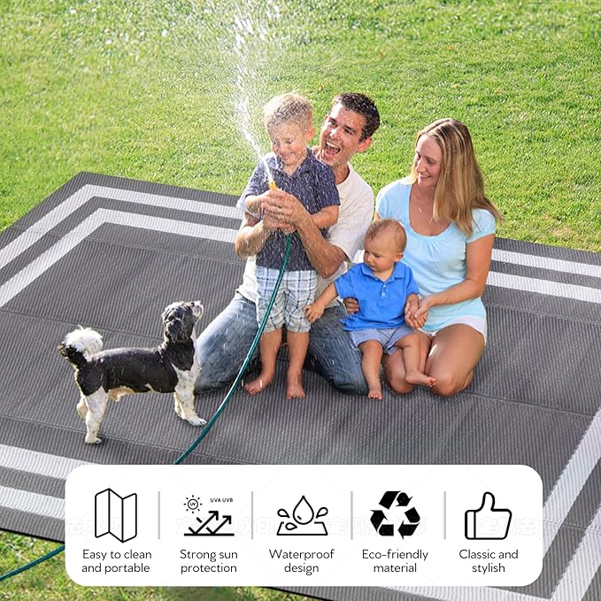 5'x 8' Outdoor Rug,Waterproof Reversible Patio Rugs,5x8 ft Plastic Straw Outdoor Carpet Foldable Plastic Camping Mat for Outside RV, Patio,Picnic,Camper,Balcony,Porch(White&Gray)