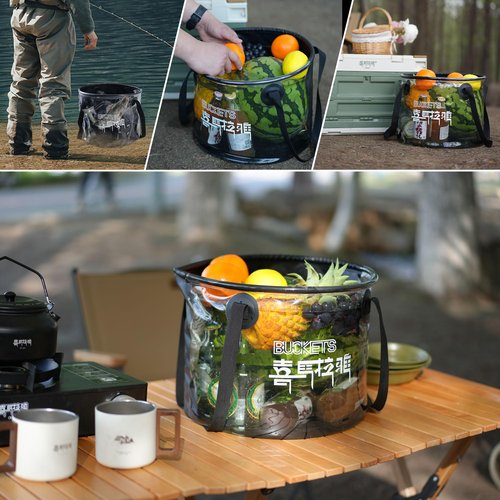 Collapsible Bucket, 22L Folding Bucket Wash Basin Bags with Handle, Khaki Transparent Portable Water Container 5.8 Gallon Camping Fishing Hiking Gardening (Black)