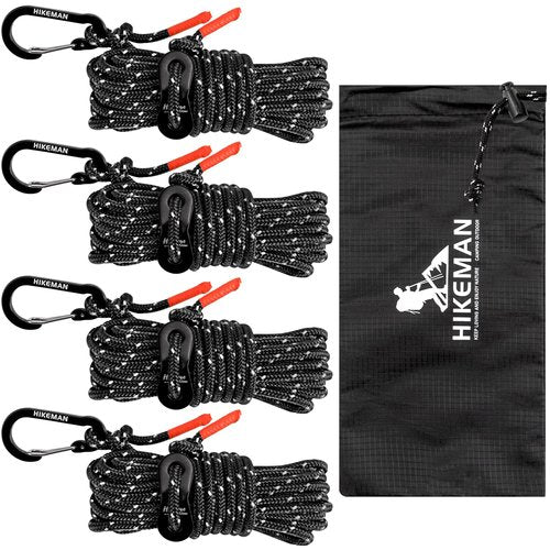 HIKEMAN Reflective Tent Rope Guyline - 4M Camping Guide Ropes,4mm Tent Guy Ropes Cord with Aluminum Tensioners Adjuster for Outdoor Camping Hiking Caravan Awning Tents (Black, 4mm)