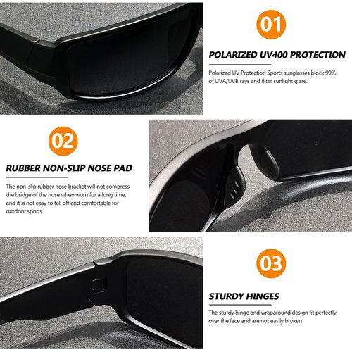 Kashm Polarized Sports Sunglasses for Men Women Unbreakable Driving Cycling Fishing Sun Glasses UV Protection Matte Black-Gray Lens