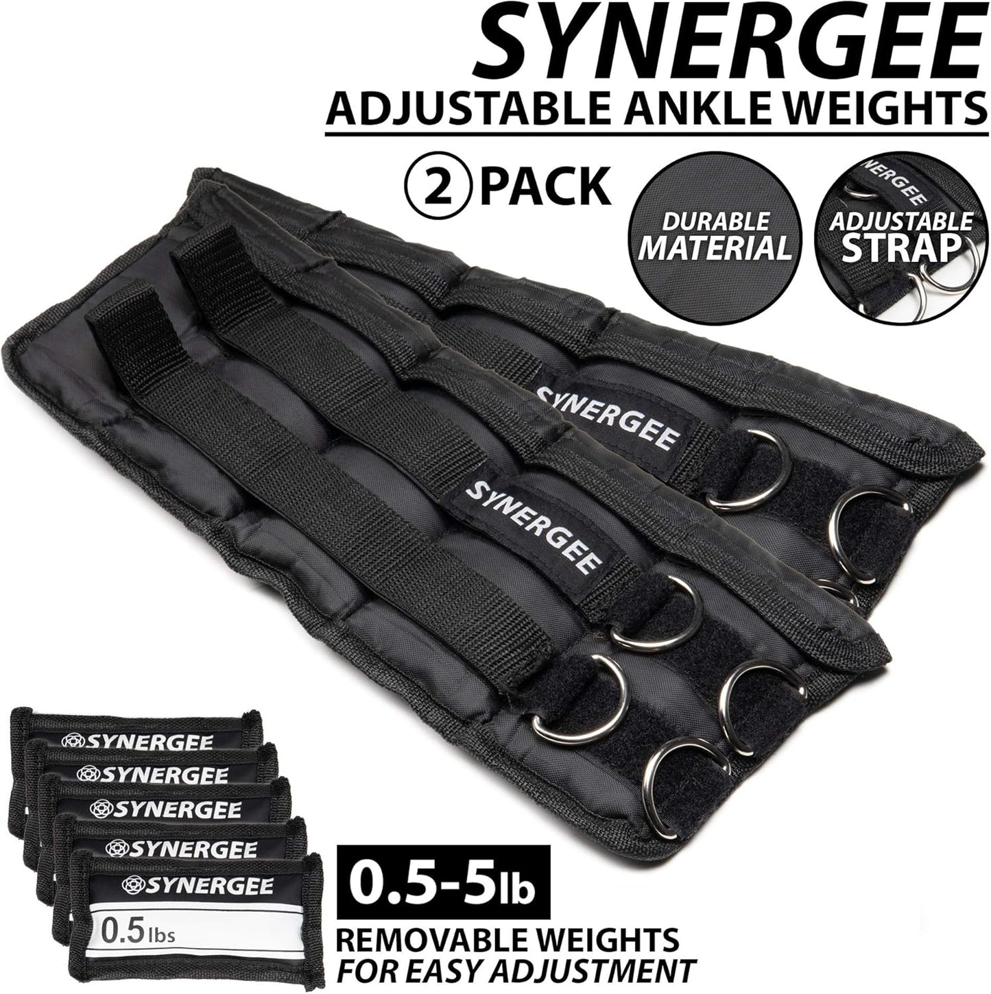 Synergee Comfort Fit Adjustable Ankle/Wrist Weights (Set of 2). Available in 5lb, 10lb & 20lbs. One Size Fits All.