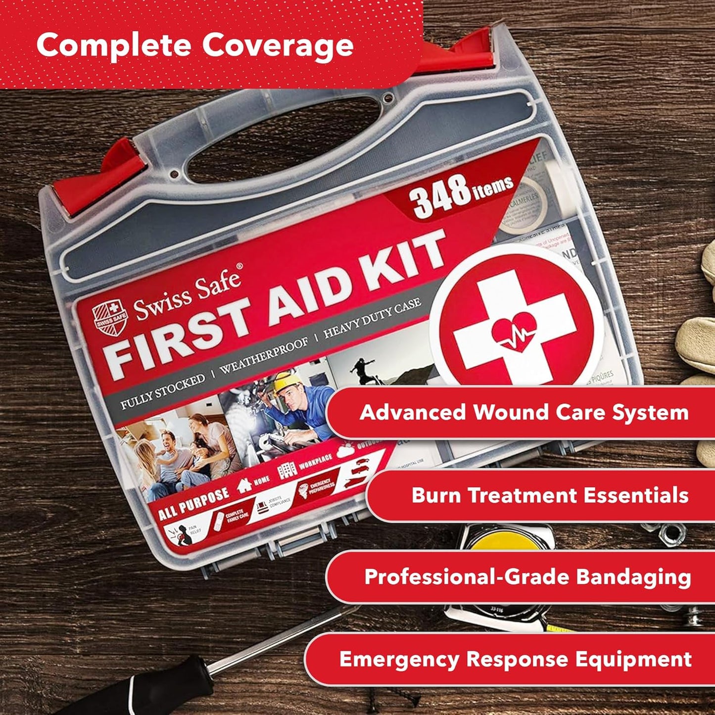 Swiss Safe 2-in-1 First Aid Kit for Car, Travel & Home, Businesses - Bonus Mini Kit for Medical Emergency Aid, Survival, Camping - 64 Piece, Travel FAK