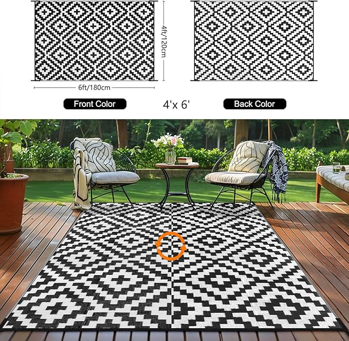 Outdoor Patio Plastic Straw Rug - 4'x6' Outdoor Camping Rug Waterproof Reversible, Area Carpet Patios Clearance RV, Outside Porch Balcony Deck for Camper, Black & White