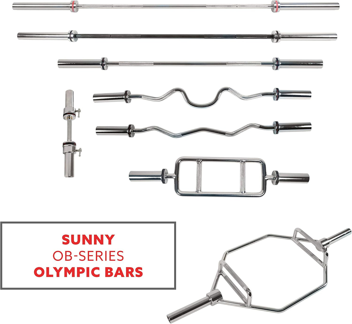 Sunny Health & Fitness 48" Olympic Super Curl Bar with Ring Collars Strength Training Bar for Traps, Deadlifts, Squats and More - OB-48