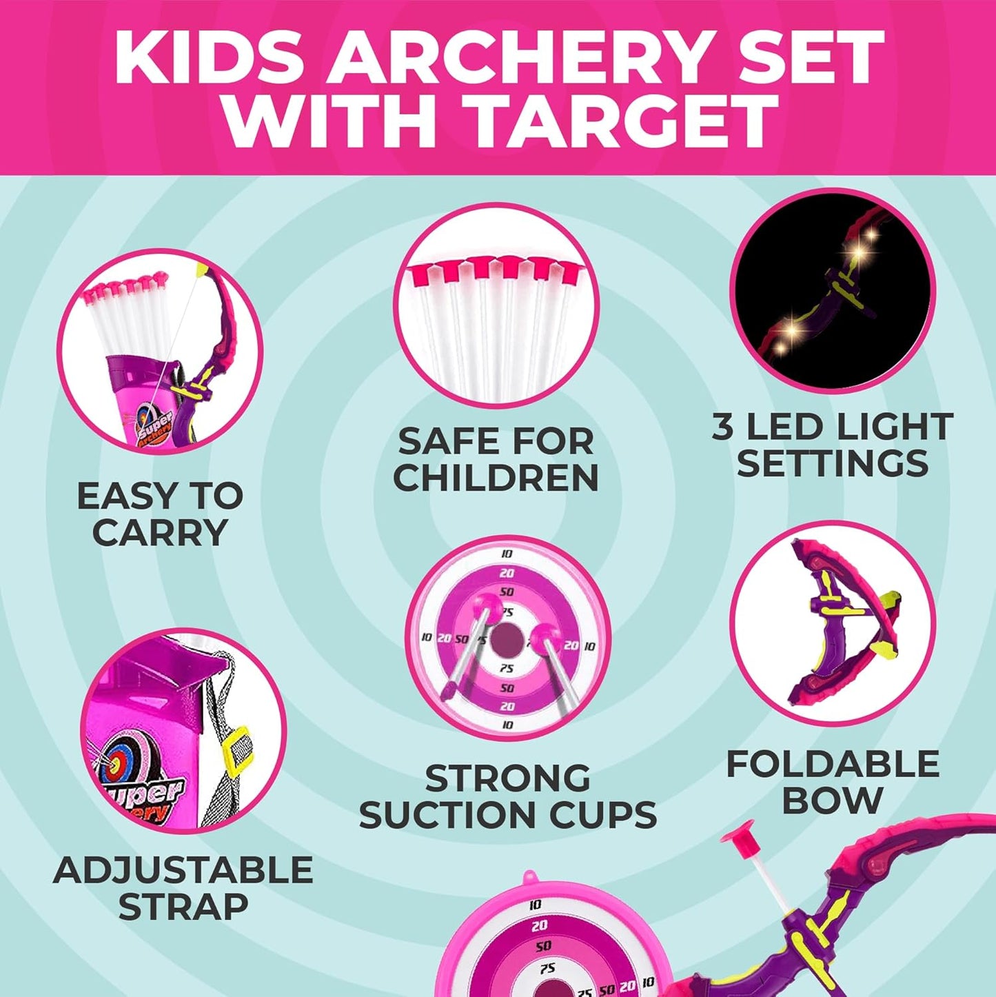 Toysery Kids Archery Set with LED Flash Lights, Toy Bow and Arrow Set for 6-8 Years Old Boys, Includes Archery Bow, 6 Archery Arrows, Target, Quiver - Great for Youth Practice