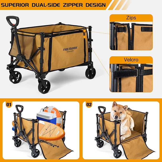 FREE SOLDIER Collapsible Foldable Wagon, Light Duty, Folding Wagon Portable with Removable Wheels and Adjustable Handle for Beach, Camping, Garden, and Shopping