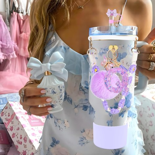 Stanley Cup Accessories Set, 10mm Bow Straw Topper, Siliocne Boot, Water Bottle Handle Strap, Letter Charms for Stanley Cup Straw Cover Cap 40oz 30oz (Q)