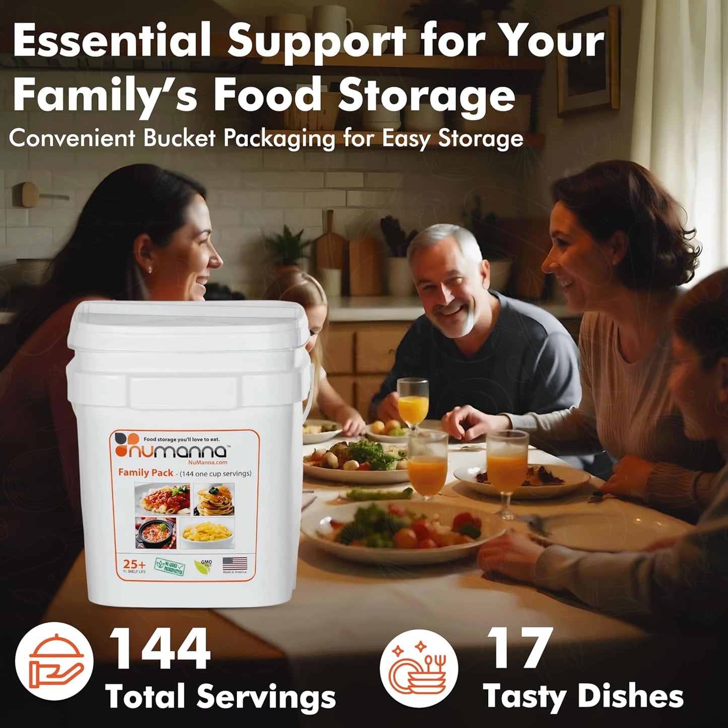Numanna Family Pack Bucket 144 Servings 1-Month Emergency Meal Kit | Easy-to-Prepare, Non-GMO Freeze-Dried Survival Food | Everyday Meals in Resealable Pouches | Made in USA | 25+ Year Shelf Life