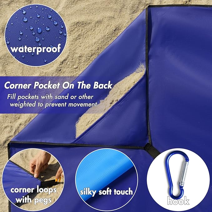 MIULEE Beach Blanket Waterproof Sandproof, Extra Large 78" x 82" Beach Mat Oversized for 4-7 Adults, Portable Beach Accessories Lightweight Outdoor Blanket for Picnic, Travel, Camping, Hiking(Blue)
