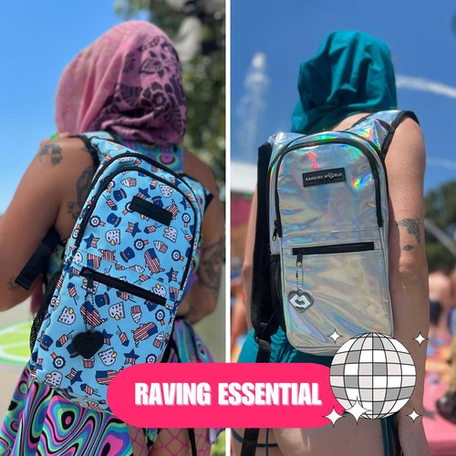 Kandies World Reflective Festival Hydration Pack - 2L Water Bladder for Raves, Hiking, Biking, Running, and More (Multi-Pocket Design) (Skull Alien)