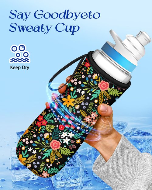 Toykee Water Bottle Sleeve for Cirkul 22 oz - 2 Pack Bottle Cover Holder Carrier with Handle Strap Artistic Aesthetic Art Flower Floral Print for Women