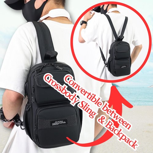 Convertible Anti-Theft USB Charging Port Travel Sling Backpack with Bottle Holder Key Ring Strap, Water Repellent Travel Hidden Zipper Crossbody Chest Bags, Hiking Daypack Shoulder Bags (Black)