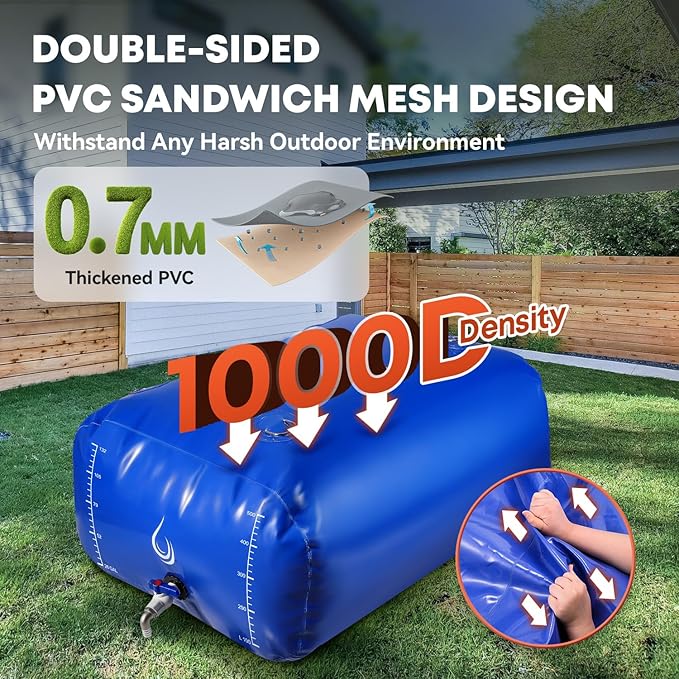 LANUEVA 158 Gal/600L Portable Water Storage Bladder, 1000D PVC Foldable Water Tank with Spigots and Overflow Kit, Water Storage Containers for Emergency Water, RV, Irrigation&Camping (Blue, 600L)