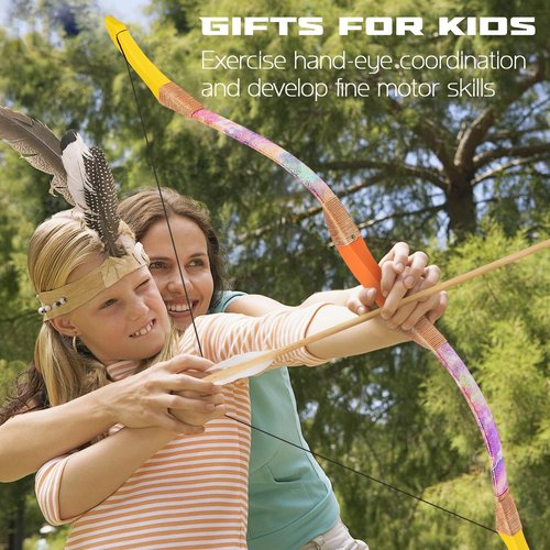 Youth Wooden Bow and Arrow Set, 40 Inch Archery Set Microfiber Leather-Wrapped, Handmade Toys Bow and Arrow Cosplay Costume Prop Games, 5 Feather Arrows (Rubber Tip), Gifts for Kids Boys Girls