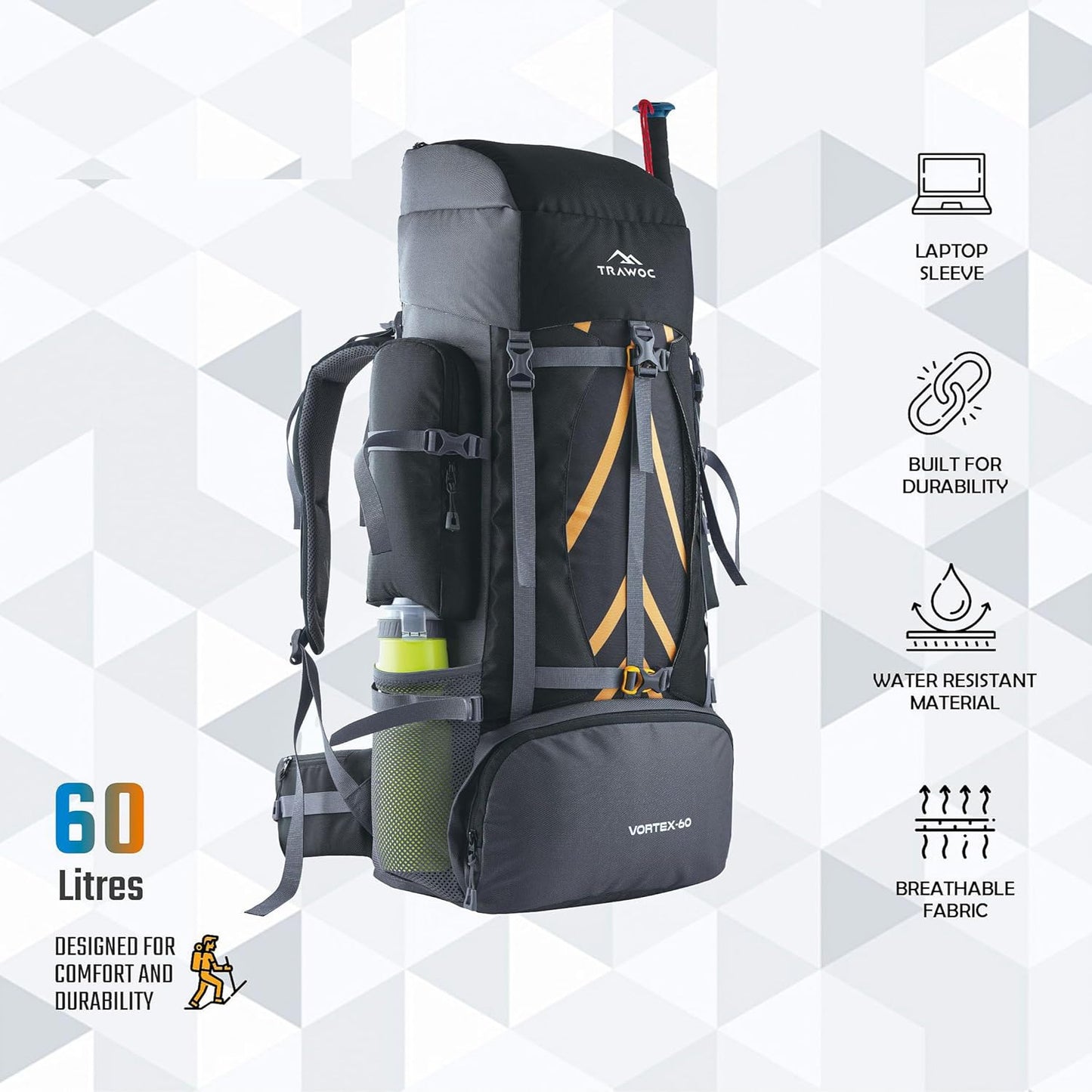VORTEX 60L Travel Backpack - Hiking, Trekking Rucksack for Men & Women - HK004 - Black