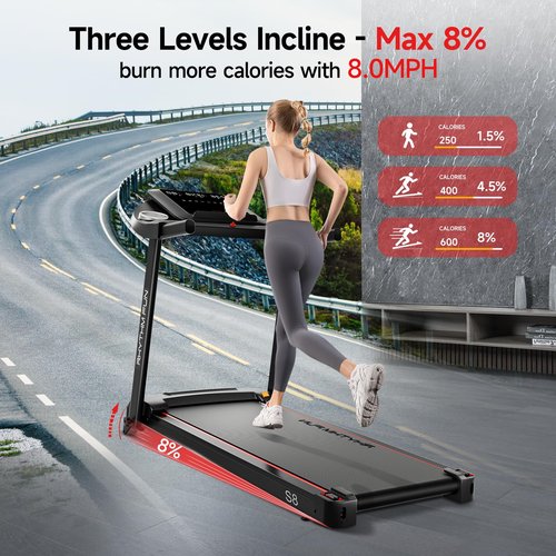 RHYTHM FUN Treadmill with Incline, 8.0 MPH Treadmills for Home with 8% Incline, Foldable Treadmill with Handles, Low Noise Walking Pad for 300 lbs