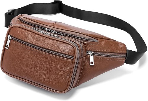 Genuine Leather Large 7 Pocket Waist Pack with Organizer, Card Slots (Black)