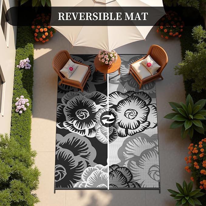MontVoo Outdoor Rug-Waterproof Patio Rug Mat 5x8 ft Outdoor Carpet Mat Reversible Plastic Straw Outside Outdoor Rug for RV Camping Picnic Beach Balcony Backyard Pool Deck Porch Farmhouse Floral Black